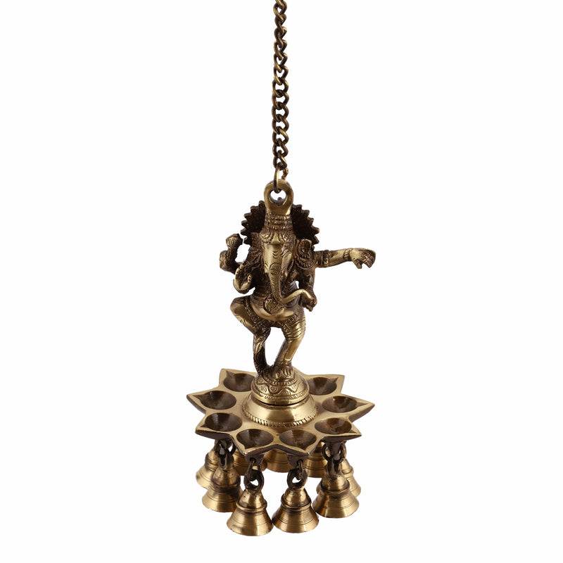  Ethnic Ganesh ji Design Hanging Chain 5 Oil Wick Lamp Bells Diya Diyas antique brass decor Diwali Dipawali Festival gift gifts God gold golden home item items love luck pooja puja room Vastu wealth