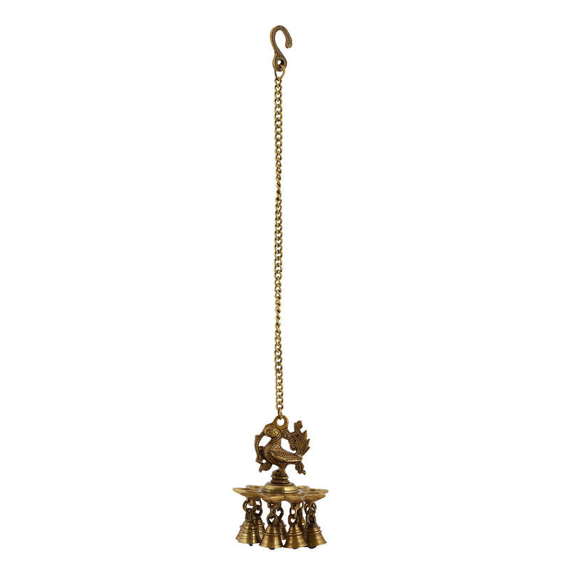 Ethnic peacock Design Hanging Chain 9 Oil Wick Lamp Bells Diya Diyas antique brass decor Diwali Dipawali Festival gift gifts God gold golden home item items love luck pooja puja room Vastu wealth