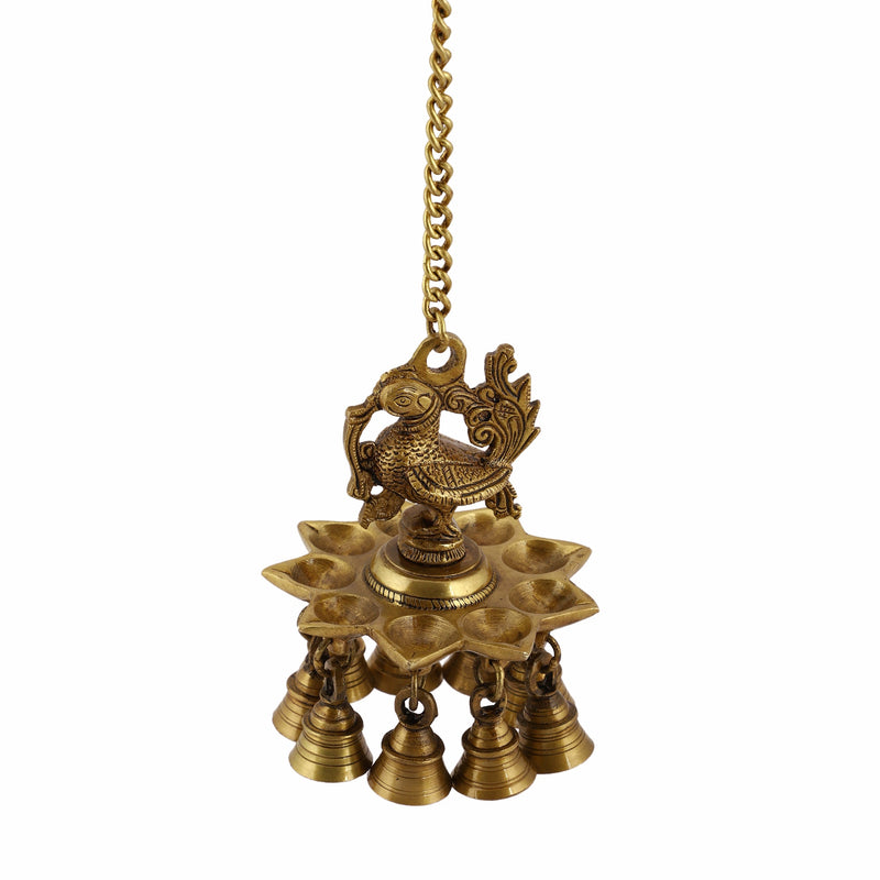 Ethnic peacock Design Hanging Chain 9 Oil Wick Lamp Bells Diya Diyas antique brass decor Diwali Dipawali Festival gift gifts God gold golden home item items love luck pooja puja room Vastu wealth