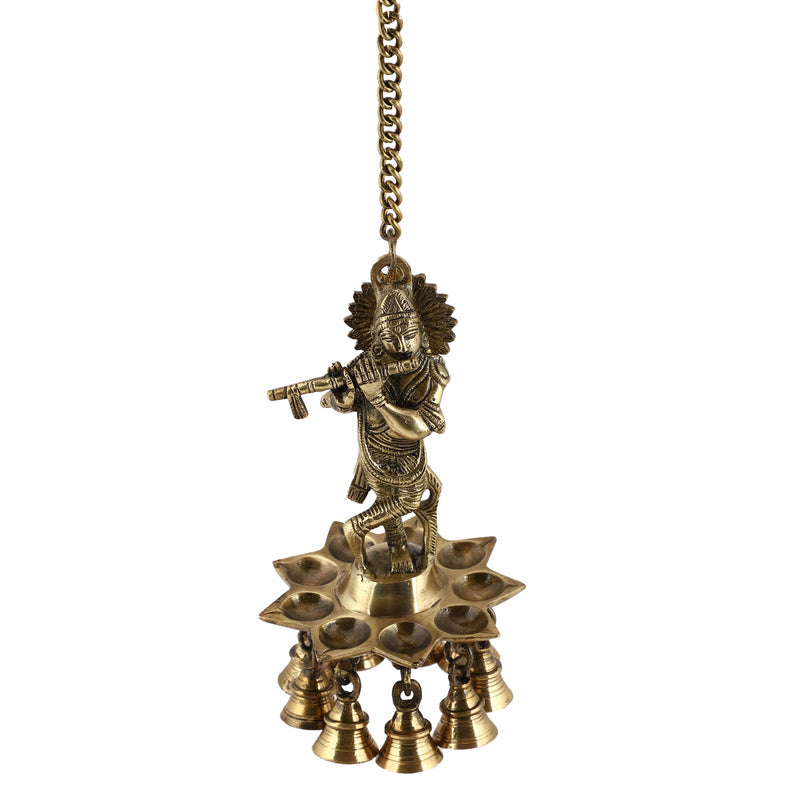  Ethnic Krishna ji Design Hanging Chain 9 Oil Wick Lamp Bells Diya Diyas antique brass decor Diwali Dipawali Festival gift gifts God gold golden home item items love luck pooja puja room Vastu wealth