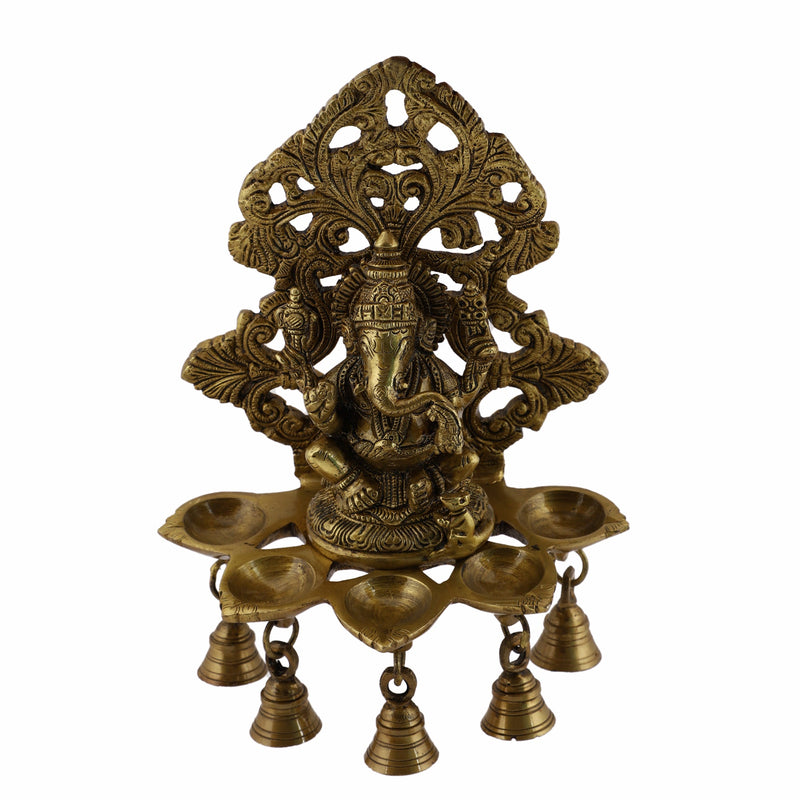  Ethnic Ganesh ji Design Wall Mount Hanging 5 Oil Wick Lamp Bells Diya Diyas antique brass decor Diwali Dipawali Festival gift gifts God gold golden home item items love luck pooja puja room Vastu wealth