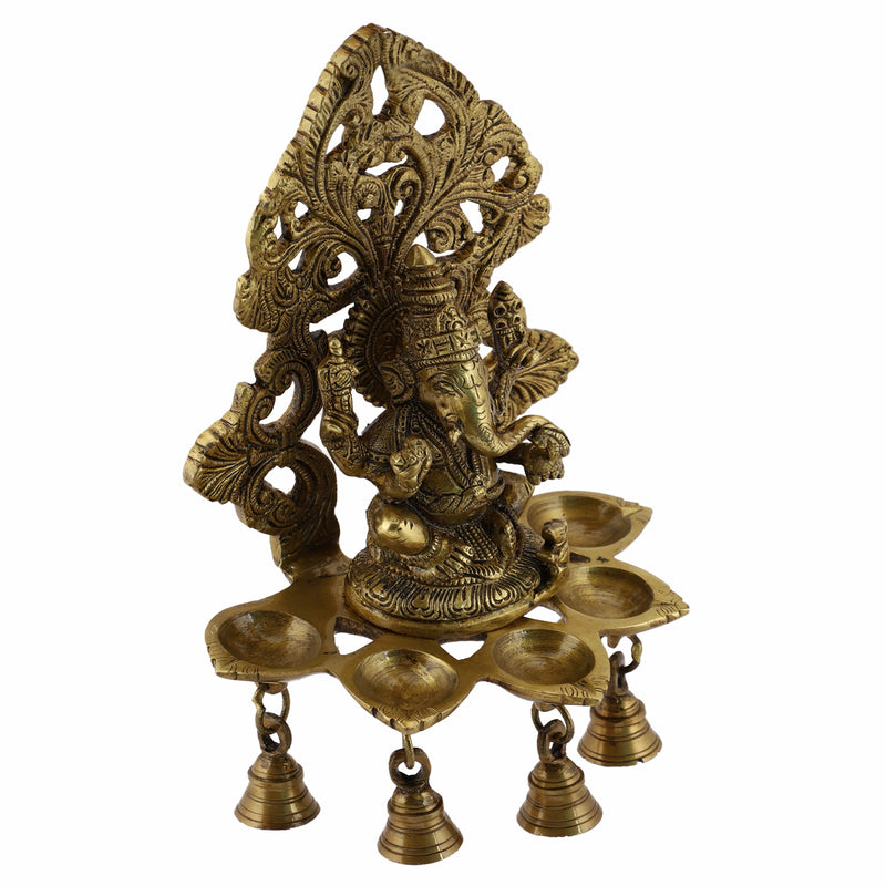  Ethnic Ganesh ji Design Wall Mount Hanging 5 Oil Wick Lamp Bells Diya Diyas antique brass decor Diwali Dipawali Festival gift gifts God gold golden home item items love luck pooja puja room Vastu wealth