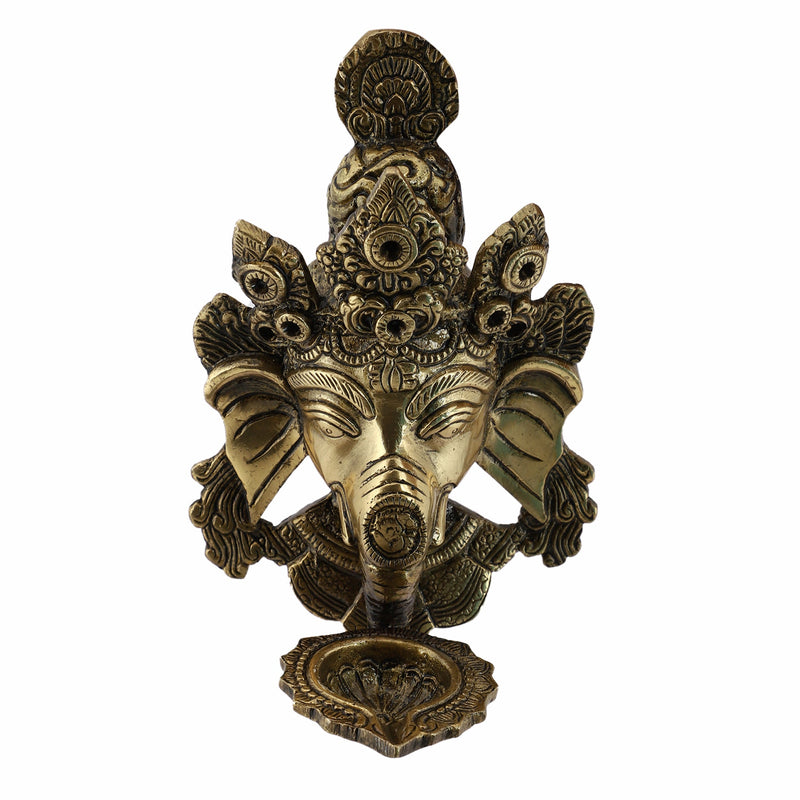  Ethnic Ganesh ji Design Wall Mount Hanging 5 Oil Wick Lamp Bells Diya Diyas antique brass decor Diwali Dipawali Festival gift gifts God gold golden home item items love luck pooja puja room Vastu wealth