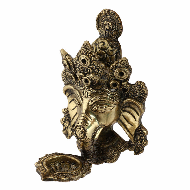  Ethnic Ganesh ji Design Wall Mount Hanging 5 Oil Wick Lamp Bells Diya Diyas antique brass decor Diwali Dipawali Festival gift gifts God gold golden home item items love luck pooja puja room Vastu wealth