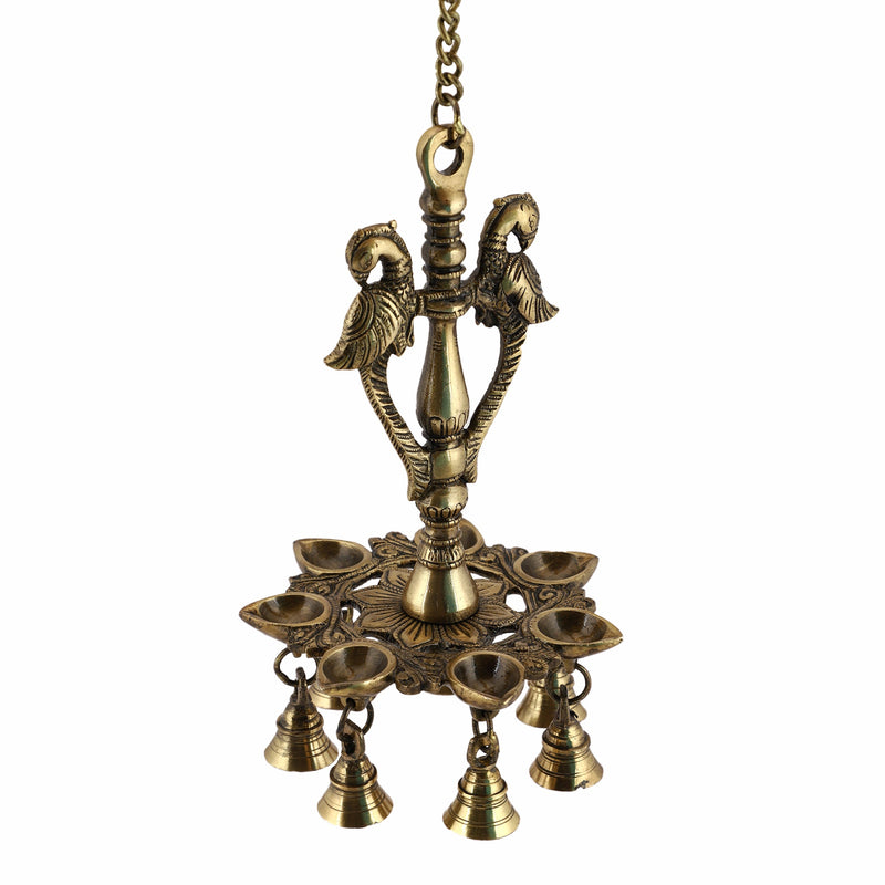  Ethnic Parrot Design Hanging Chain 7 Oil Wick Lamp Bells Diya Diyas antique brass decor Diwali Dipawali Festival gift gifts God gold golden home item items love luck pooja puja room Vastu wealth