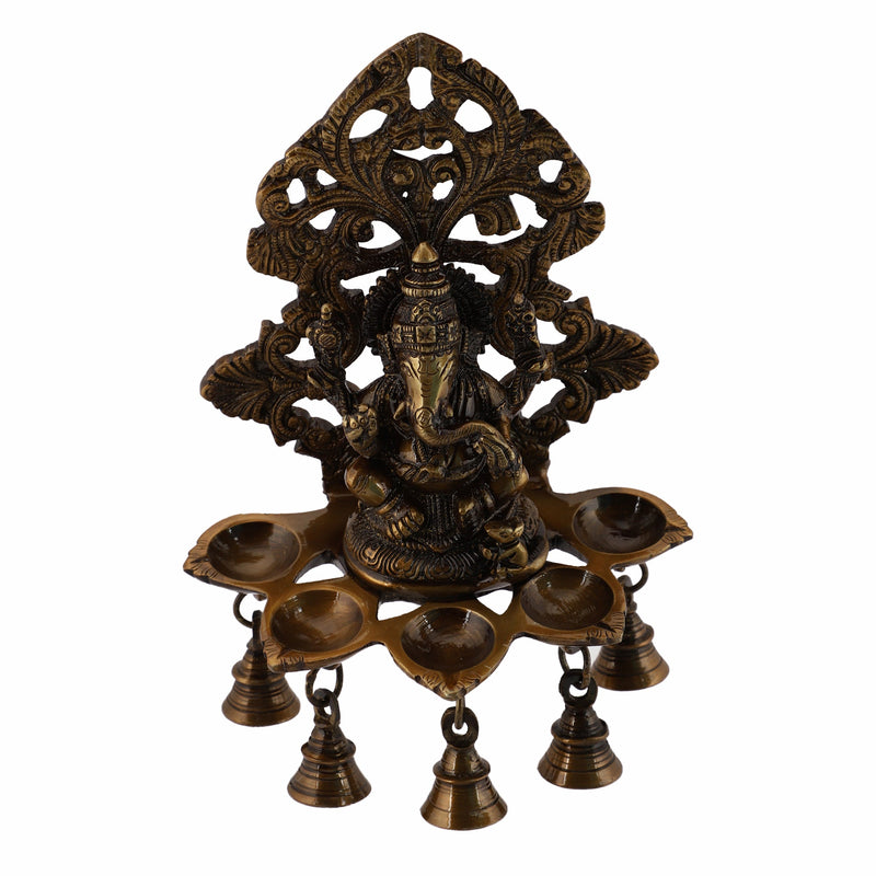  Ethnic Ganesh ji Design Wall Mount Hanging 5 Oil Wick Lamp Bells Diya Diyas antique brass decor Diwali Dipawali Festival gift gifts God gold golden home item items love luck pooja puja room Vastu wealth