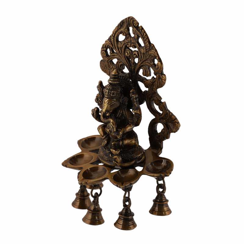  Ethnic Ganesh ji Design Wall Mount Hanging 5 Oil Wick Lamp Bells Diya Diyas antique brass decor Diwali Dipawali Festival gift gifts God gold golden home item items love luck pooja puja room Vastu wealth