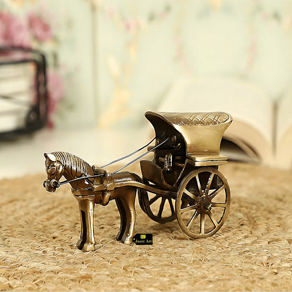 Brass horse cart product - meticulously designed brass sculpture, vintage-inspired horse-drawn cart, intricate details, golden finish, decorative home accent, evokes a sense of nostalgia and charm, adds elegance to any decor, ideal gift for enthusiasts of classic craftsmanship.