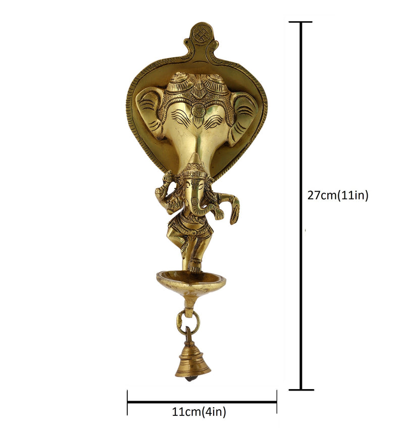  Ethnic Ganesh ji Design Wall Mount Hanging 5 Oil Wick Lamp Bells Diya Diyas antique brass decor Diwali Dipawali Festival gift gifts God gold golden home item items love luck pooja puja room Vastu wealth