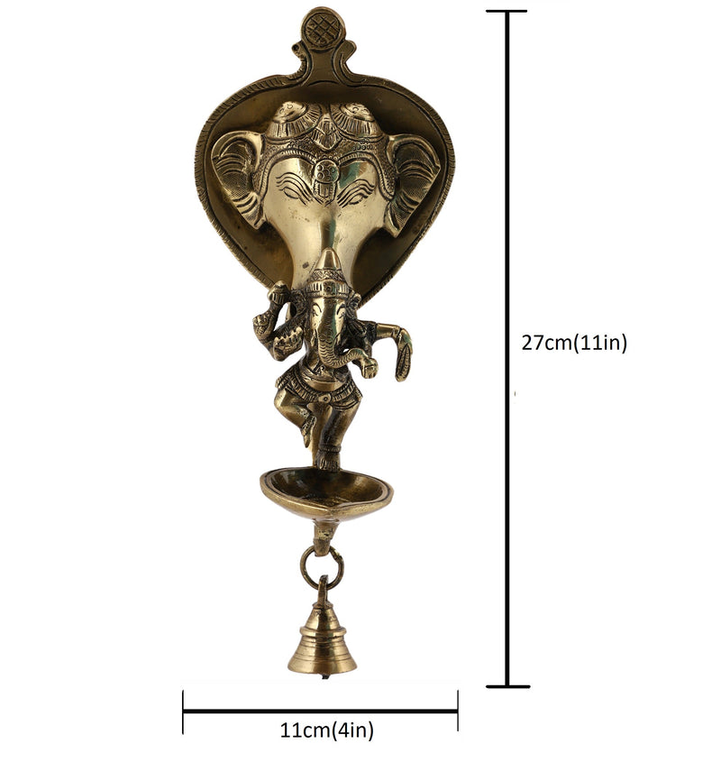  Ethnic Ganesh ji Design Wall Mount Hanging 5 Oil Wick Lamp Bells Diya Diyas antique brass decor Diwali Dipawali Festival gift gifts God gold golden home item items love luck pooja puja room Vastu wealth