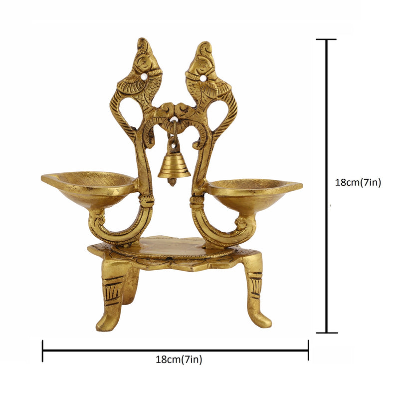  Ethnic Curved Twin pair Peacock Oil Wick Lamp big Diya antique brass decor Diwali Dipawali Festival gift gifts God gold golden home item items love luck pooja puja room Vastu wealth