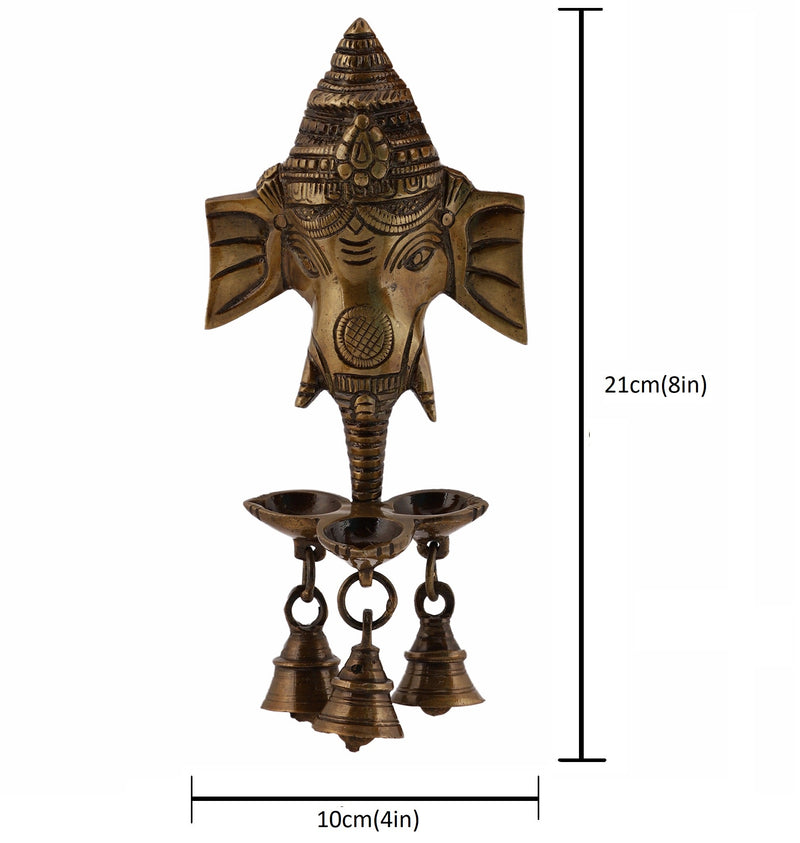  Ethnic Ganesh ji Design Wall Mount Hanging 5 Oil Wick Lamp Bells Diya Diyas antique brass decor Diwali Dipawali Festival gift gifts God gold golden home item items love luck pooja puja room Vastu wealth