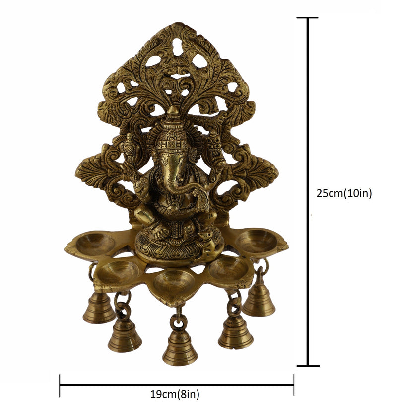  Ethnic Ganesh ji Design Wall Mount Hanging 5 Oil Wick Lamp Bells Diya Diyas antique brass decor Diwali Dipawali Festival gift gifts God gold golden home item items love luck pooja puja room Vastu wealth