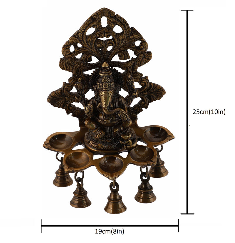  Ethnic Ganesh ji Design Wall Mount Hanging 5 Oil Wick Lamp Bells Diya Diyas antique brass decor Diwali Dipawali Festival gift gifts God gold golden home item items love luck pooja puja room Vastu wealth