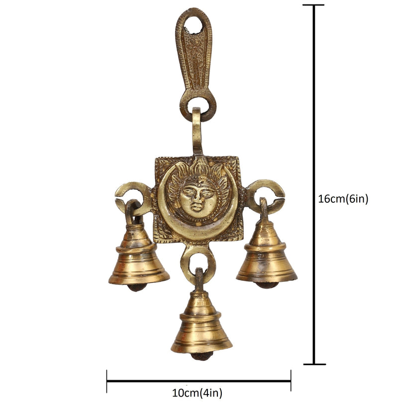 Brass Sun Moon Bells - intricately designed brass bells depicting the sun and moon motifs, golden finish, decorative home accent, emits a gentle and soothing sound, perfect for creating a celestial and serene ambiance, ideal for meditation, yoga, and relaxation, symbolizes the harmonious union of cosmic forces, enhances the atmosphere with positive vibrations and celestial energy, a unique and captivating addition to your collection of brass artifacts.