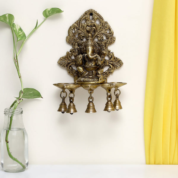  Ethnic Ganesh ji Design Wall Mount Hanging 5 Oil Wick Lamp Bells Diya Diyas antique brass decor Diwali Dipawali Festival gift gifts God gold golden home item items love luck pooja puja room Vastu wealth