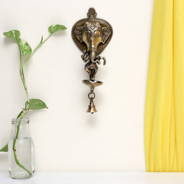  Ethnic Ganesh ji Design Wall Mount Hanging 5 Oil Wick Lamp Bells Diya Diyas antique brass decor Diwali Dipawali Festival gift gifts God gold golden home item items love luck pooja puja room Vastu wealth