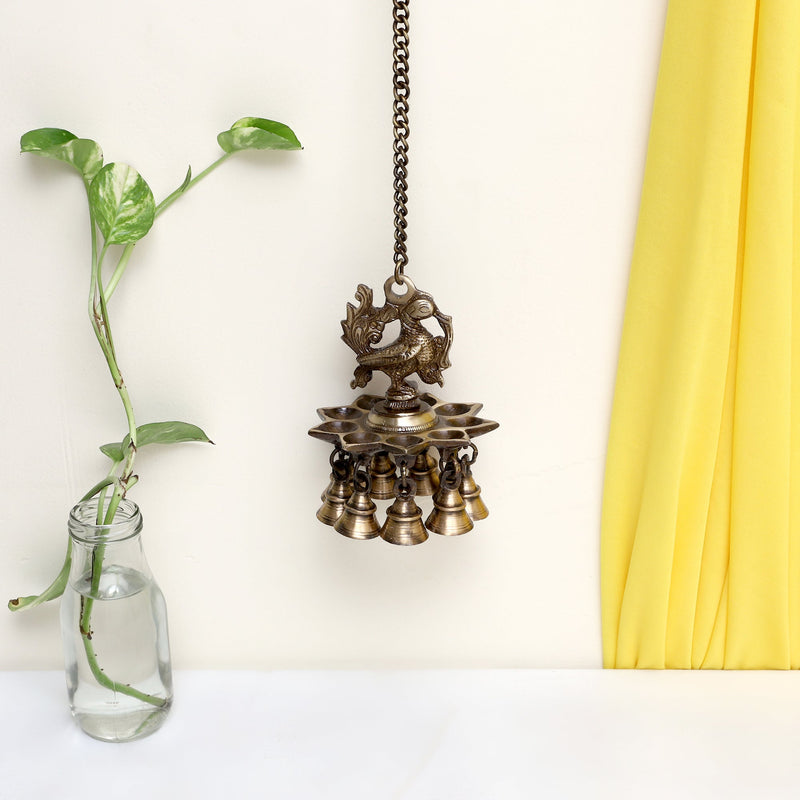 Ethnic peacock Design Hanging Chain 9 Oil Wick Lamp Bells Diya Diyas antique brass decor Diwali Dipawali Festival gift gifts God gold golden home item items love luck pooja puja room Vastu wealth