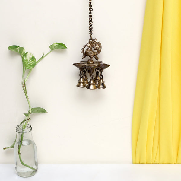  Ethnic peacock Design Hanging Chain 5 Oil Wick Lamp Bells Diya Diyas antique brass decor Diwali Dipawali Festival gift gifts God gold golden home item items love luck pooja puja room Vastu wealth