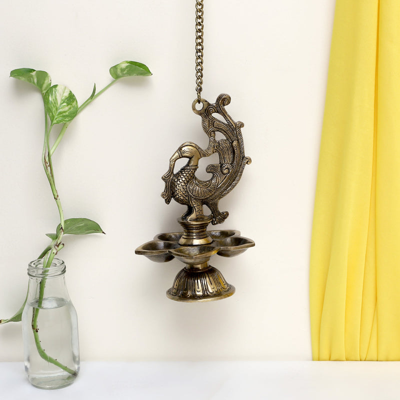  Ethnic peacock Design Hanging Chain 5 Oil Wick Lamp Bells Diya Diyas antique brass decor Diwali Dipawali Festival gift gifts God gold golden home item items love luck pooja puja room Vastu wealth