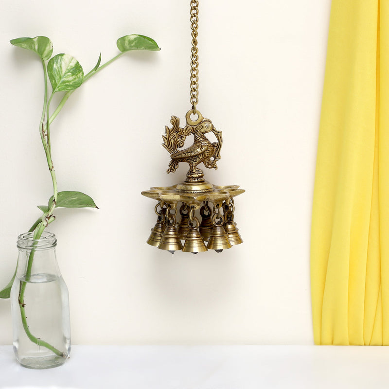 Ethnic peacock Design Hanging Chain 9 Oil Wick Lamp Bells Diya Diyas antique brass decor Diwali Dipawali Festival gift gifts God gold golden home item items love luck pooja puja room Vastu wealth