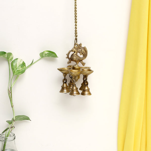  Ethnic peacock Design Hanging Chain 5 Oil Wick Lamp Bells Diya Diyas antique brass decor Diwali Dipawali Festival gift gifts God gold golden home item items love luck pooja puja room Vastu wealth