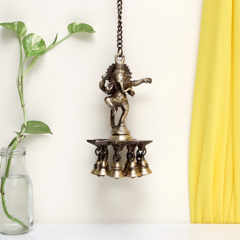  Ethnic Ganesh ji Design Hanging Chain 5 Oil Wick Lamp Bells Diya Diyas antique brass decor Diwali Dipawali Festival gift gifts God gold golden home item items love luck pooja puja room Vastu wealth