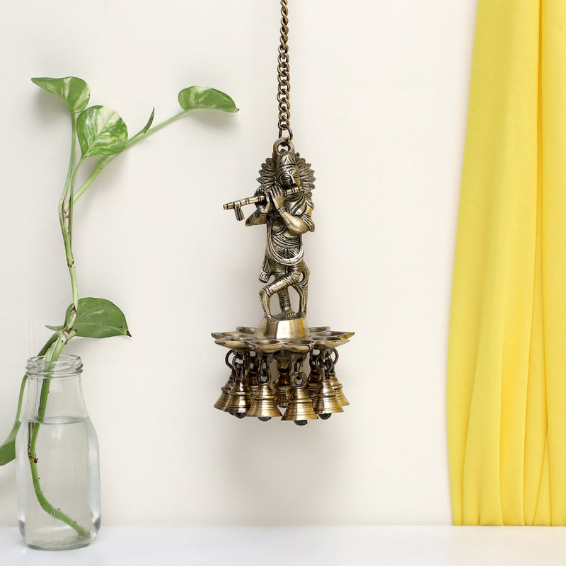  Ethnic Krishna ji Design Hanging Chain 9 Oil Wick Lamp Bells Diya Diyas antique brass decor Diwali Dipawali Festival gift gifts God gold golden home item items love luck pooja puja room Vastu wealth