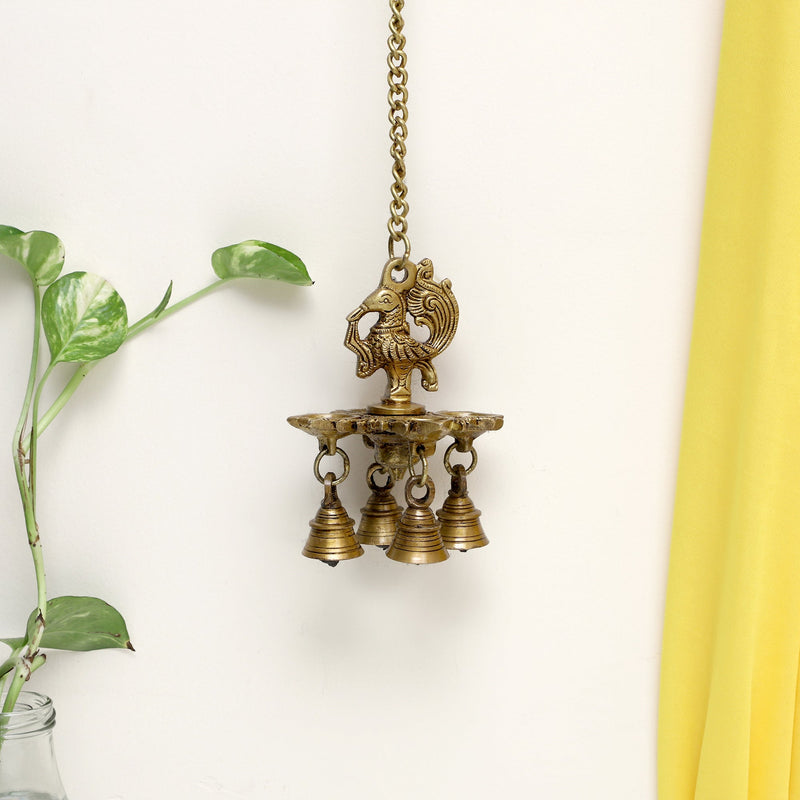  Ethnic peacock Design Hanging Chain 4 Oil Wick Lamp Bells Diya Diyas antique brass decor Diwali Dipawali Festival gift gifts God gold golden home item items love luck pooja puja room Vastu wealth