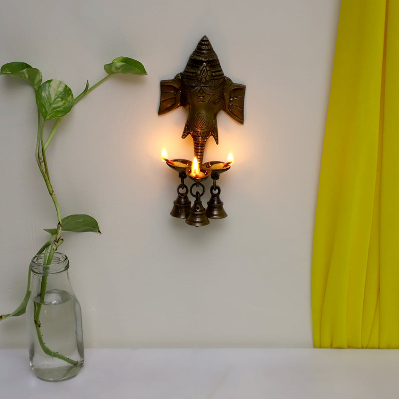  Ethnic Ganesh ji Design Wall Mount Hanging 5 Oil Wick Lamp Bells Diya Diyas antique brass decor Diwali Dipawali Festival gift gifts God gold golden home item items love luck pooja puja room Vastu wealth