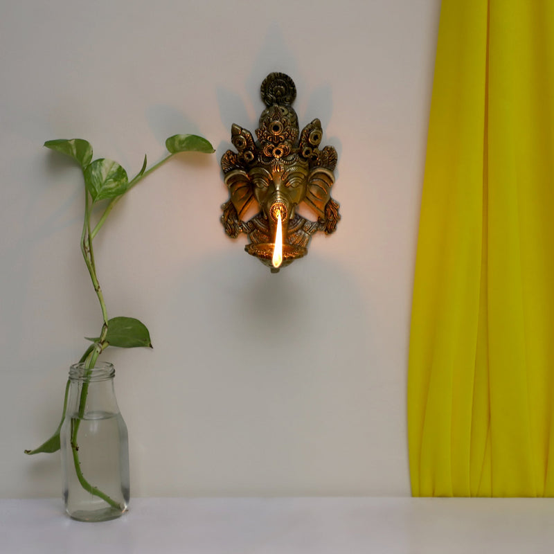  Ethnic Ganesh ji Design Wall Mount Hanging 5 Oil Wick Lamp Bells Diya Diyas antique brass decor Diwali Dipawali Festival gift gifts God gold golden home item items love luck pooja puja room Vastu wealth