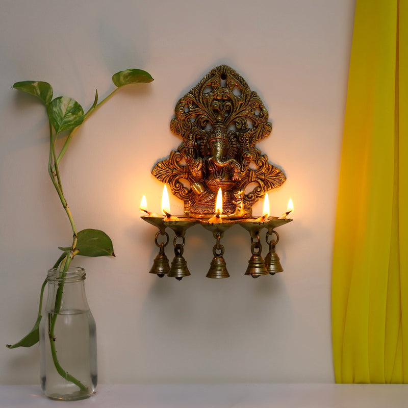  Ethnic Ganesh ji Design Wall Mount Hanging 5 Oil Wick Lamp Bells Diya Diyas antique brass decor Diwali Dipawali Festival gift gifts God gold golden home item items love luck pooja puja room Vastu wealth