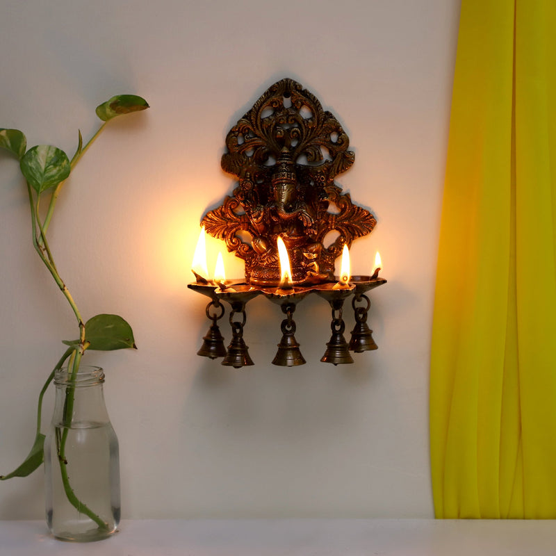  Ethnic Ganesh ji Design Wall Mount Hanging 5 Oil Wick Lamp Bells Diya Diyas antique brass decor Diwali Dipawali Festival gift gifts God gold golden home item items love luck pooja puja room Vastu wealth