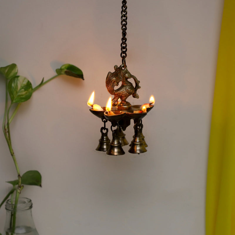  Ethnic peacock Design Hanging Chain 5 Oil Wick Lamp Bells Diya Diyas antique brass decor Diwali Dipawali Festival gift gifts God gold golden home item items love luck pooja puja room Vastu wealth