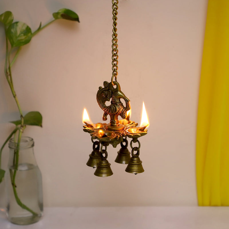  Ethnic peacock Design Hanging Chain 4 Oil Wick Lamp Bells Diya Diyas antique brass decor Diwali Dipawali Festival gift gifts God gold golden home item items love luck pooja puja room Vastu wealth