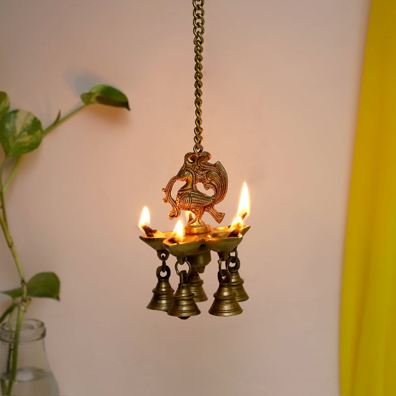  Ethnic peacock Design Hanging Chain 5 Oil Wick Lamp Bells Diya Diyas antique brass decor Diwali Dipawali Festival gift gifts God gold golden home item items love luck pooja puja room Vastu wealth