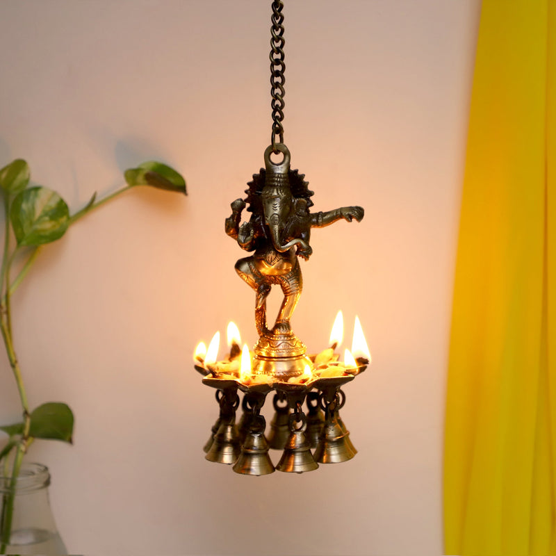  Ethnic Ganesh ji Design Hanging Chain 5 Oil Wick Lamp Bells Diya Diyas antique brass decor Diwali Dipawali Festival gift gifts God gold golden home item items love luck pooja puja room Vastu wealth