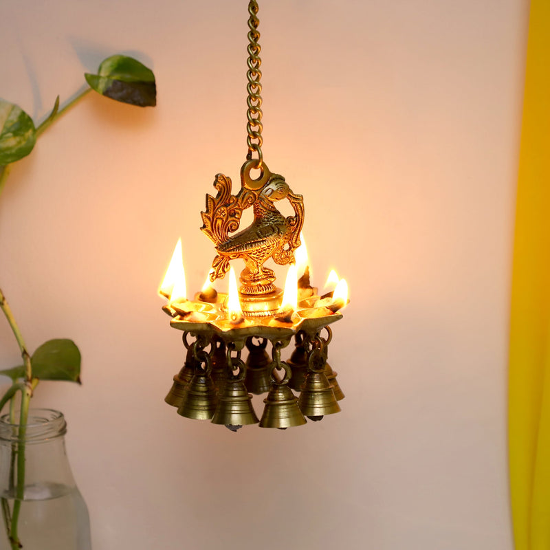 Ethnic peacock Design Hanging Chain 9 Oil Wick Lamp Bells Diya Diyas antique brass decor Diwali Dipawali Festival gift gifts God gold golden home item items love luck pooja puja room Vastu wealth