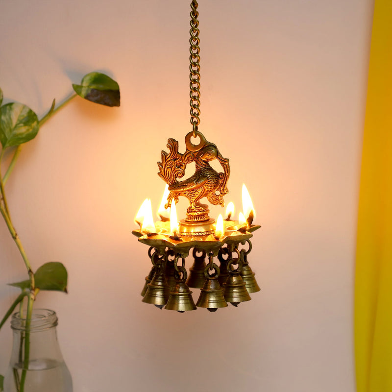 Ethnic peacock Design Hanging Chain 9 Oil Wick Lamp Bells Diya Diyas antique brass decor Diwali Dipawali Festival gift gifts God gold golden home item items love luck pooja puja room Vastu wealth