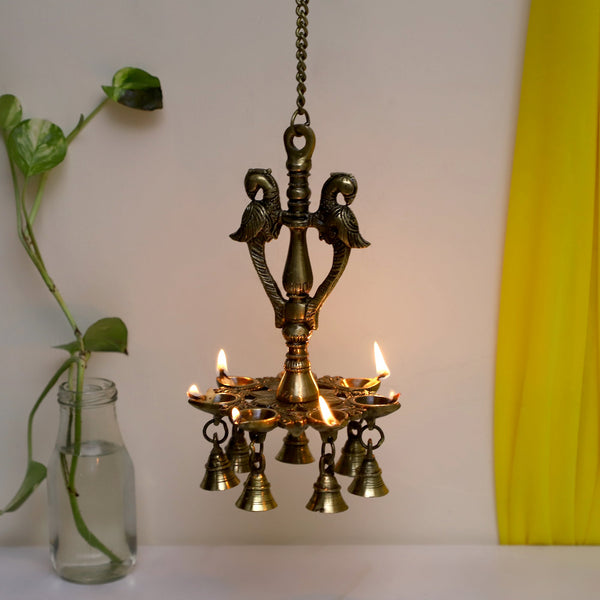  Ethnic Parrot Design Hanging Chain 7 Oil Wick Lamp Bells Diya Diyas antique brass decor Diwali Dipawali Festival gift gifts God gold golden home item items love luck pooja puja room Vastu wealth