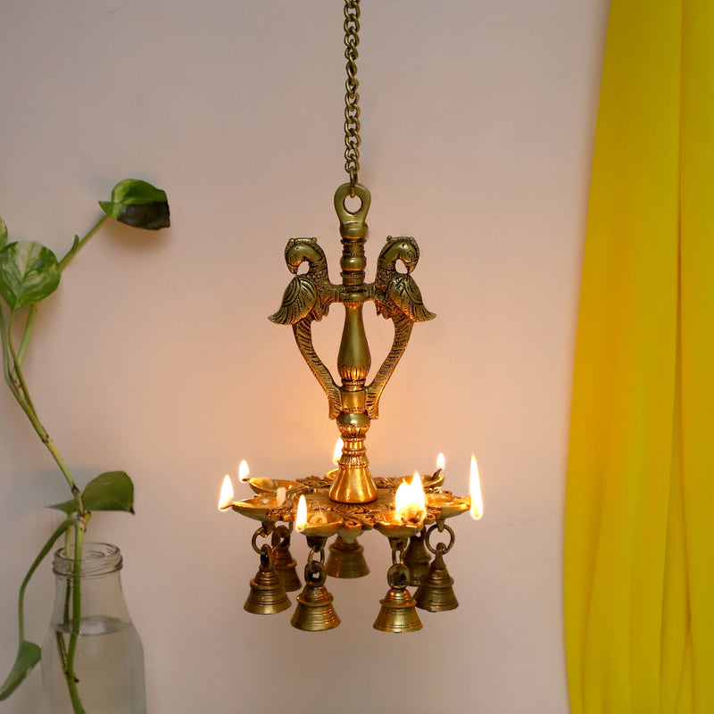  Ethnic Parrot Design Hanging Chain 7 Oil Wick Lamp Bells Diya Diyas antique brass decor Diwali Dipawali Festival gift gifts God gold golden home item items love luck pooja puja room Vastu wealth