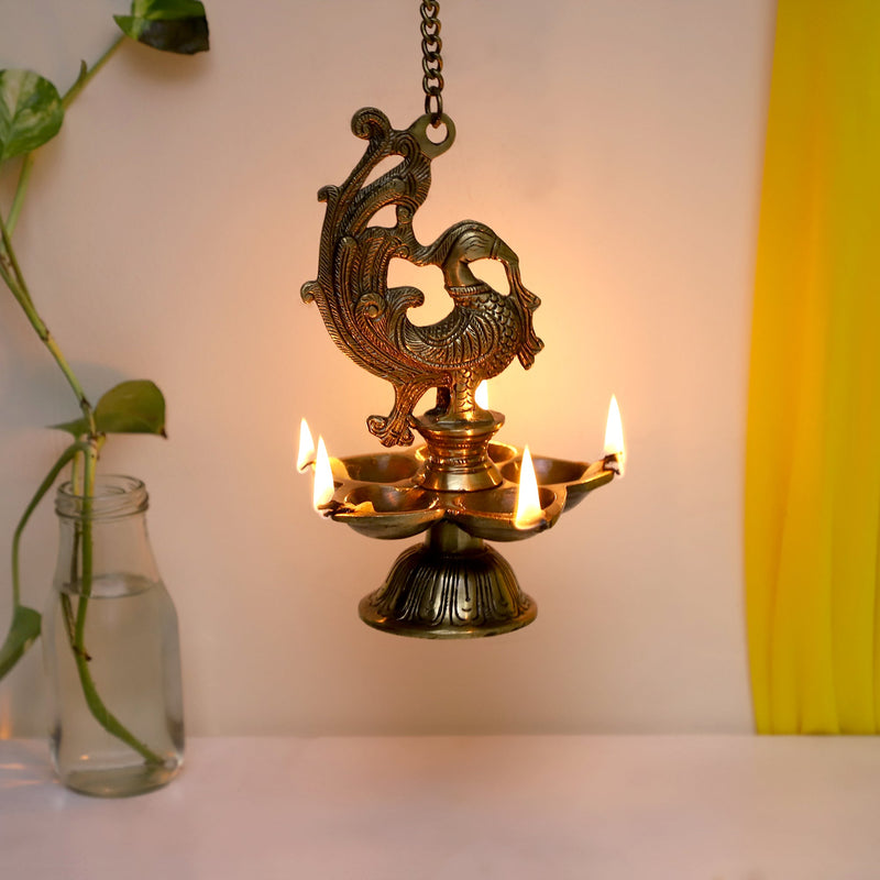  Ethnic peacock Design Hanging Chain 5 Oil Wick Lamp Bells Diya Diyas antique brass decor Diwali Dipawali Festival gift gifts God gold golden home item items love luck pooja puja room Vastu wealth