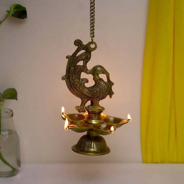  Ethnic peacock Design Hanging Chain 5 Oil Wick Lamp Bells Diya Diyas antique brass decor Diwali Dipawali Festival gift gifts God gold golden home item items love luck pooja puja room Vastu wealth