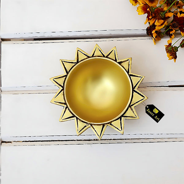 Brass small Akhand Sun Diya - intricately designed brass oil lamp, compact size, traditional Indian Diya, golden finish, decorative home accent, emits a warm and serene glow, ideal for religious ceremonies and meditation, enhances spiritual ambiance and decor.