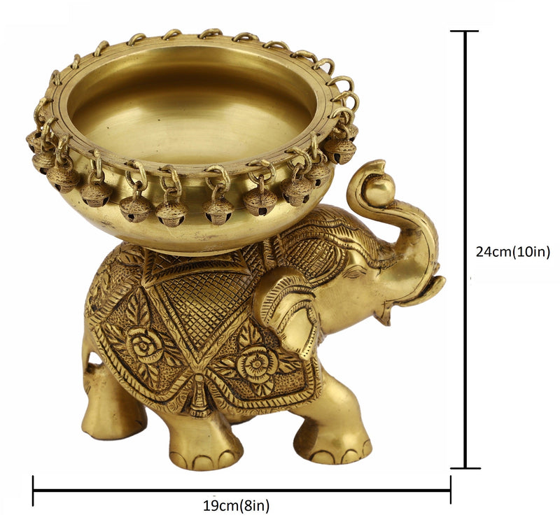 Brass Elephant Urli - meticulously designed brass decorative bowl featuring elephant motifs, golden finish, traditional Indian Urli, versatile home accent, ideal for floating flower petals or candles, symbolizes strength and wisdom, adds a touch of cultural charm and serenity to any space, perfect for creating an inviting ambiance and enhancing interior decor, a timeless piece of art for both indoor and outdoor settings.