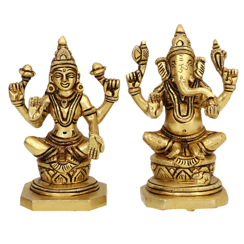 Brass God Lakshmi Ganesha Ji - meticulously designed brass statue featuring Lord Lakshmi and Lord Ganesha, golden finish, auspicious and revered deities, perfect for home decor and spiritual spaces, ideal for invoking blessings, prosperity, and success, symbolizes wealth, wisdom, and divine grace, enhances the spiritual energy and fosters a sense of divine presence, a sacred and blessed addition to your collection of brass sculptures and figurines.