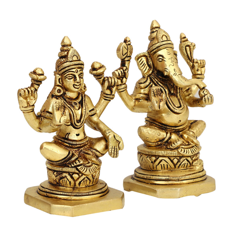 Brass God Lakshmi Ganesha Ji - meticulously designed brass statue featuring Lord Lakshmi and Lord Ganesha, golden finish, auspicious and revered deities, perfect for home decor and spiritual spaces, ideal for invoking blessings, prosperity, and success, symbolizes wealth, wisdom, and divine grace, enhances the spiritual energy and fosters a sense of divine presence, a sacred and blessed addition to your collection of brass sculptures and figurines.