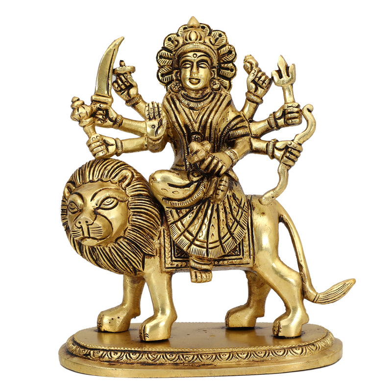 Brass God Shera Vali Maa - intricately designed brass statue featuring Goddess Sherawali Maa, golden finish, divine and powerful deity, perfect for home decor and spiritual spaces, ideal for invoking strength, courage, and protection, symbolizes divine motherhood, valor, and victory, enhances the spiritual energy and fosters a sense of divine presence, a sacred and revered addition to your collection of brass sculptures and figurines.