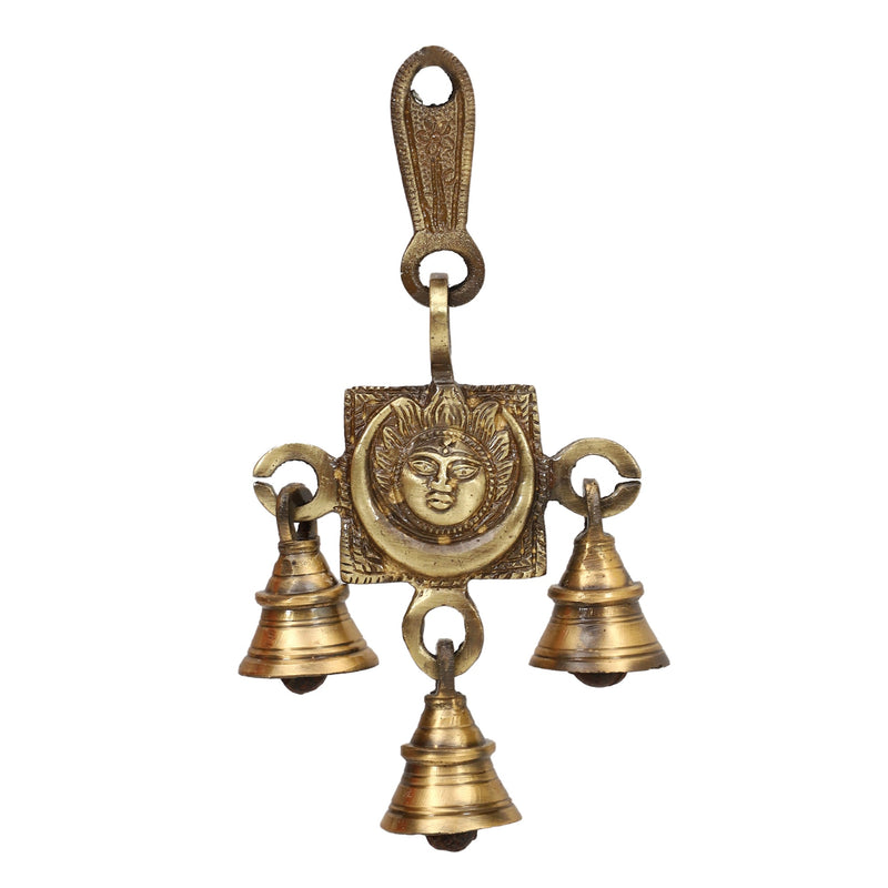 Brass Sun Moon Bells - intricately designed brass bells depicting the sun and moon motifs, golden finish, decorative home accent, emits a gentle and soothing sound, perfect for creating a celestial and serene ambiance, ideal for meditation, yoga, and relaxation, symbolizes the harmonious union of cosmic forces, enhances the atmosphere with positive vibrations and celestial energy, a unique and captivating addition to your collection of brass artifacts.