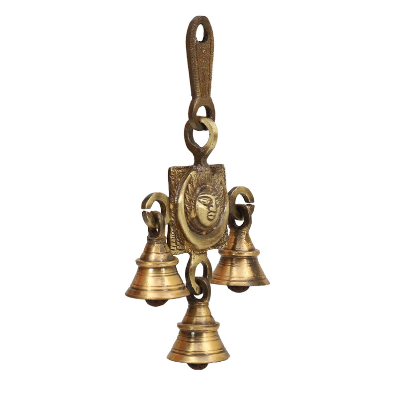 Brass Sun Moon Bells - intricately designed brass bells depicting the sun and moon motifs, golden finish, decorative home accent, emits a gentle and soothing sound, perfect for creating a celestial and serene ambiance, ideal for meditation, yoga, and relaxation, symbolizes the harmonious union of cosmic forces, enhances the atmosphere with positive vibrations and celestial energy, a unique and captivating addition to your collection of brass artifacts.